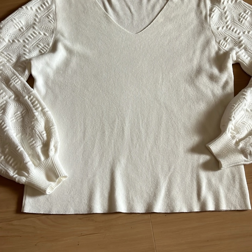 MILANO WINTER WHITE WOMENS VNECK SHABBY CHIC SWEATER DETAILED CHUNKY SLEEVES LG - Picture 4 of 11